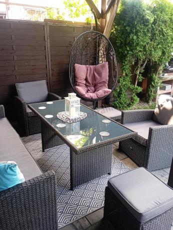 Zestaw mebli z sofą 186cm, wysokim stołem, fotelami i pufami Cofete Dining – Anthracite