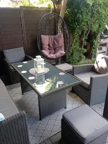 Zestaw mebli z sofą 186cm, wysokim stołem, fotelami i pufami Cofete Dining – Anthracite