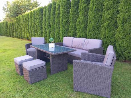 Zestaw mebli z sofą 186cm, wysokim stołem, fotelami i pufami Cofete Dining – Anthracite