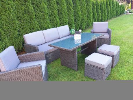 Zestaw mebli z sofą 186cm, wysokim stołem, fotelami i pufami Cofete Dining – Anthracite