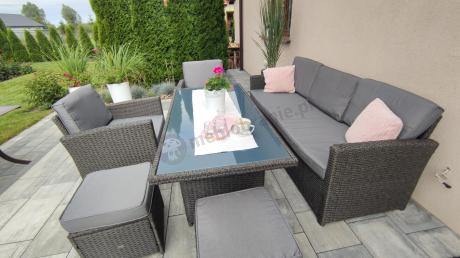 Zestaw mebli z sofą 186cm, wysokim stołem, fotelami i pufami Cofete Dining – Anthracite