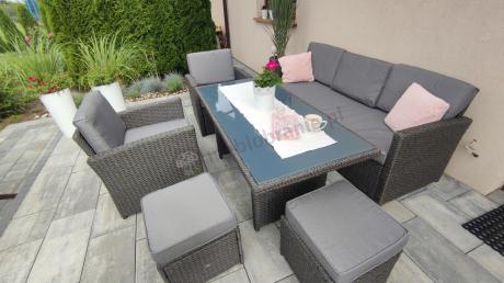 Zestaw mebli z sofą 186cm, wysokim stołem, fotelami i pufami Cofete Dining – Anthracite