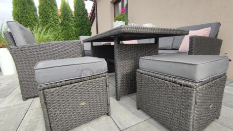 Zestaw mebli z sofą 186cm, wysokim stołem, fotelami i pufami Cofete Dining – Anthracite