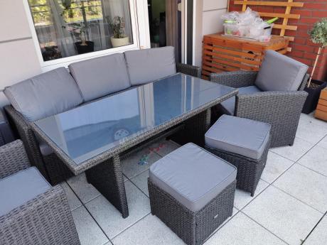 Zestaw mebli z sofą 186cm, wysokim stołem, fotelami i pufami Cofete Dining – Anthracite