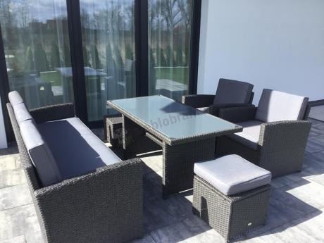Zestaw mebli z sofą 186cm, wysokim stołem, fotelami i pufami Cofete Dining – Anthracite