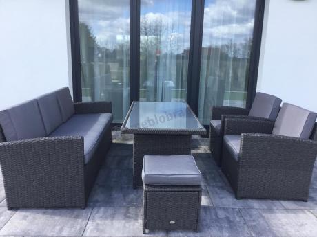 Zestaw mebli z sofą 186cm, wysokim stołem, fotelami i pufami Cofete Dining – Anthracite