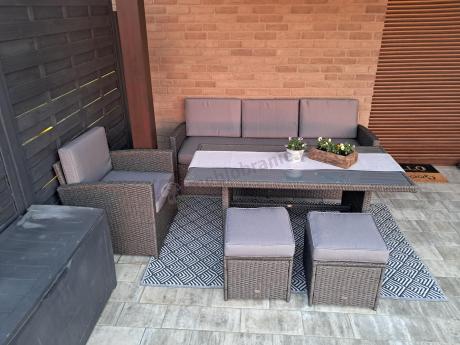 Zestaw mebli z sofą 186cm, wysokim stołem, fotelami i pufami Cofete Dining – Anthracite