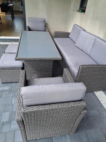 Zestaw mebli z sofą 186cm, wysokim stołem, fotelami i pufami Cofete Dining – Anthracite