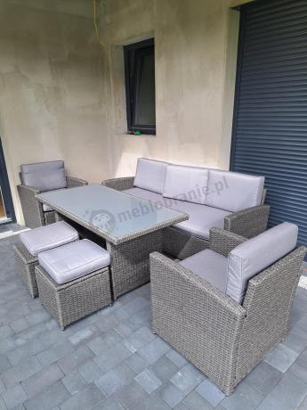 Zestaw mebli z sofą 186cm, wysokim stołem, fotelami i pufami Cofete Dining – Anthracite