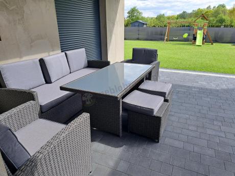 Zestaw mebli z sofą 186cm, wysokim stołem, fotelami i pufami Cofete Dining – Anthracite