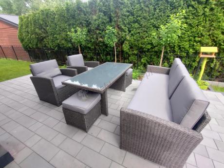 Zestaw mebli z sofą 186cm, wysokim stołem, fotelami i pufami Cofete Dining – Anthracite