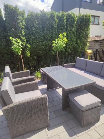 Zestaw mebli z sofą 186cm, wysokim stołem, fotelami i pufami Cofete Dining – Anthracite