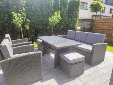 Zestaw mebli z sofą 186cm, wysokim stołem, fotelami i pufami Cofete Dining – Anthracite