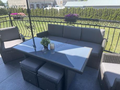 Zestaw mebli z sofą 186cm, wysokim stołem, fotelami i pufami Cofete Dining – Anthracite