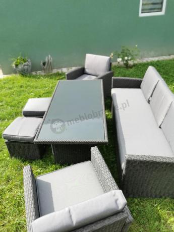 Zestaw mebli z sofą 186cm, wysokim stołem, fotelami i pufami Cofete Dining – Anthracite