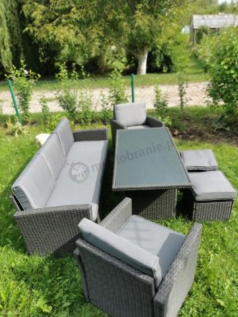 Zestaw mebli z sofą 186cm, wysokim stołem, fotelami i pufami Cofete Dining – Anthracite