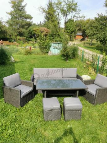 Zestaw mebli z sofą 186cm, wysokim stołem, fotelami i pufami Cofete Dining – Anthracite