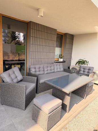 Zestaw mebli z sofą 186cm, wysokim stołem, fotelami i pufami Cofete Dining – Anthracite Cofete 2.0