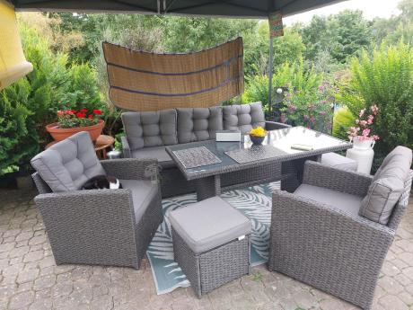 Zestaw mebli z sofą 186cm, wysokim stołem, fotelami i pufami Cofete Dining – Anthracite Cofete 2.0