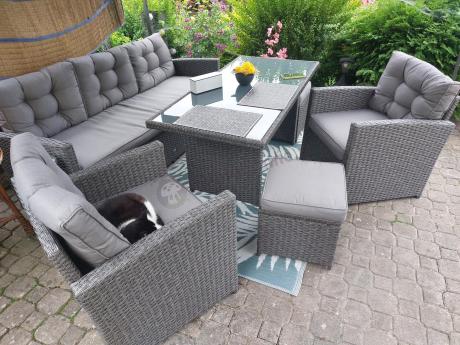 Zestaw mebli z sofą 186cm, wysokim stołem, fotelami i pufami Cofete Dining – Anthracite Cofete 2.0