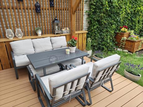 Zestaw metalowych mebli ogrodowych - sofa, 2 fotele, pufy i stół 120cm Ater Dining - Beige