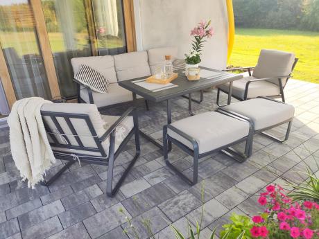 Zestaw metalowych mebli ogrodowych - sofa, 2 fotele, pufy i stół 120cm Ater Dining - Beige