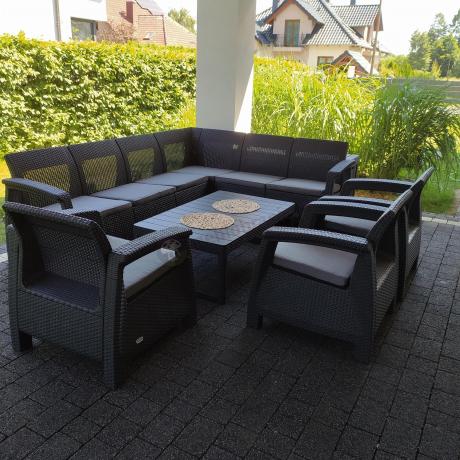 Zestaw na taras dla 9 osób z narożnikiem, stołem podnoszonym i trzema fotelami Relly VI grafit