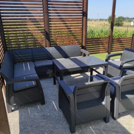 Zestaw na taras dla 9 osób z narożnikiem, stołem podnoszonym i trzema fotelami Relly VI grafit