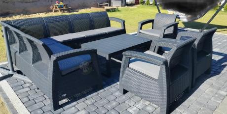 Zestaw na taras dla 9 osób z narożnikiem, stołem podnoszonym i trzema fotelami Relly VI grafit