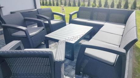 Zestaw na taras dla 9 osób z narożnikiem, stołem podnoszonym i trzema fotelami Relly VI grafit