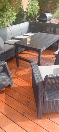 Zestaw na taras dla 9 osób z narożnikiem, stołem podnoszonym i trzema fotelami Relly VI grafit