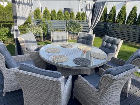 Zestaw obiadowy na taras technorattan Laritto 8+1 okrągły stół - Creme