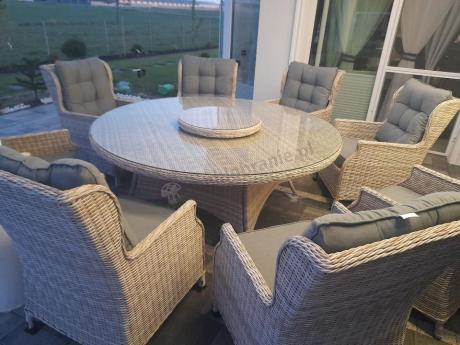 Zestaw obiadowy na taras technorattan Laritto 8+1 okrągły stół - Creme