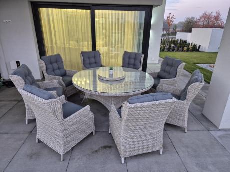 Zestaw obiadowy na taras technorattan Laritto 8+1 okrągły stół - Creme