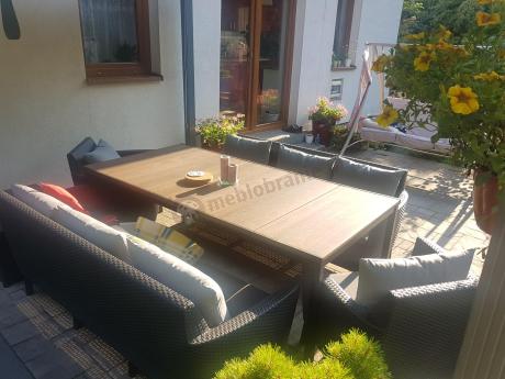 Zestaw ogrodowy 8 osobowy z dużym stołem 200 cm w kolorze drewna Meblobranie SFM Plus grafit + poduszki oparciowe