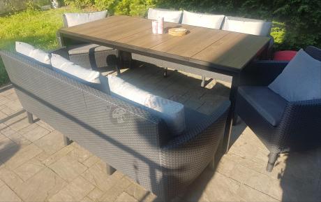 Zestaw ogrodowy 8 osobowy z dużym stołem 200 cm w kolorze drewna Meblobranie SFM Plus grafit + poduszki oparciowe