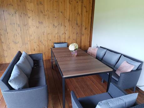 Zestaw ogrodowy 8 osobowy z dużym stołem 200 cm w kolorze drewna Meblobranie SFM Plus grafit + poduszki oparciowe