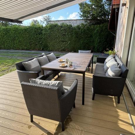 Zestaw ogrodowy 8 osobowy z dużym stołem 200 cm w kolorze drewna Meblobranie SFM Plus grafit + poduszki oparciowe