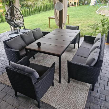 Zestaw ogrodowy 8 osobowy z dużym stołem 200 cm w kolorze drewna Meblobranie SFM Plus grafit + poduszki oparciowe