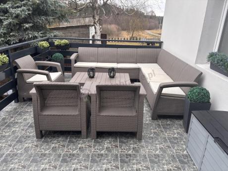 Zestaw ogrodowy dla 10 osób z narożnikiem, stołem podnoszonym i trzema fotelami Relly VII Cappuccino