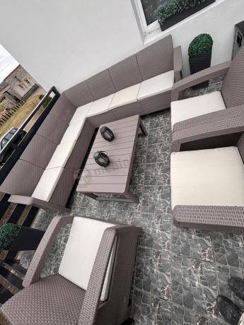 Zestaw ogrodowy dla 10 osób z narożnikiem, stołem podnoszonym i trzema fotelami Relly VII Cappuccino