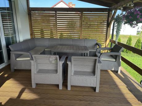 Zestaw ogrodowy dla 10 osób z narożnikiem, stołem podnoszonym i trzema fotelami Relly VII Cappuccino