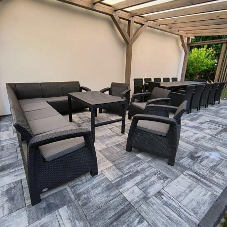 Zestaw ogrodowy dla 10 osób z narożnikiem, stołem podnoszonym i trzema fotelami Relly VII grafitowy