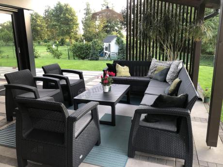 Zestaw ogrodowy dla 10 osób z narożnikiem, stołem podnoszonym i trzema fotelami Relly VII grafitowy