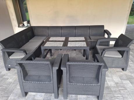 Zestaw ogrodowy dla 10 osób z narożnikiem, stołem podnoszonym i trzema fotelami Relly VII grafitowy