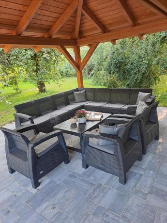 Zestaw ogrodowy dla 10 osób z narożnikiem, stołem podnoszonym i trzema fotelami Relly VII grafitowy