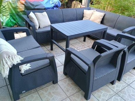 Zestaw ogrodowy dla 10 osób z narożnikiem, stołem podnoszonym i trzema fotelami Relly VII grafitowy