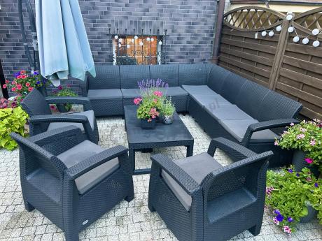 Zestaw ogrodowy dla 10 osób z narożnikiem, stołem podnoszonym i trzema fotelami Relly VII grafitowy