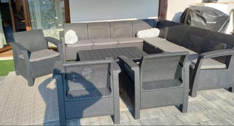 Zestaw ogrodowy dla 10 osób z narożnikiem, stołem podnoszonym i trzema fotelami Relly VII grafitowy