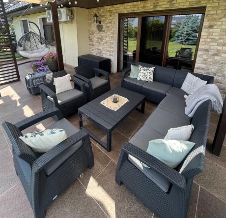 Zestaw ogrodowy dla 10 osób z narożnikiem, stołem podnoszonym i trzema fotelami Relly VII grafitowy